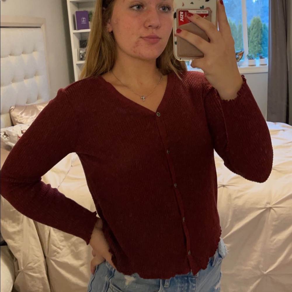maroon button up sweater
